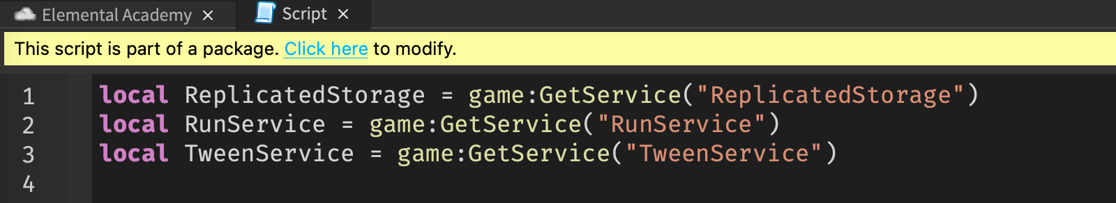 A script tab with a yellow notification that you can click to modifiy the script that's within an unmodified package.