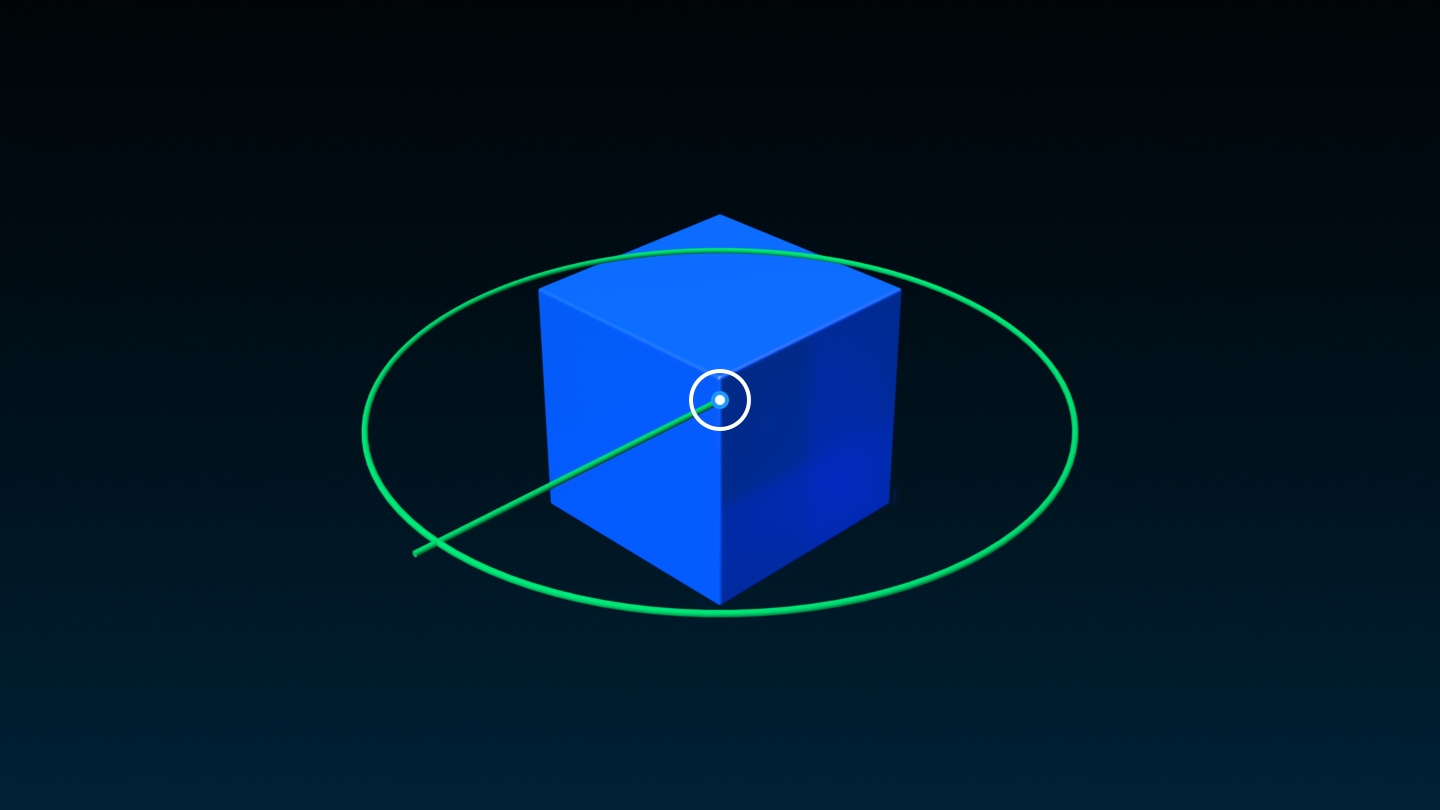 A blue cube with its pivot point set in the center of the cube. A green circle represents the object's rotation in relation to its pivot point.