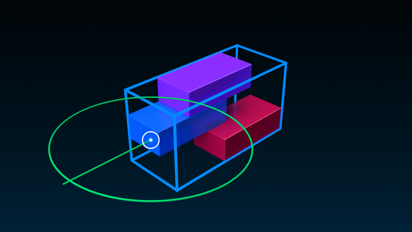 A model of a purple, blue, and red block with its pivot point set on a the edge of the model's bounding box. A green circle represents the object's rotation in relation to its pivot point.