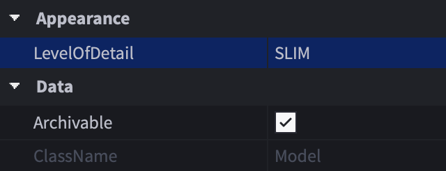 The Properties window with the LevelOfDetail property set to SLIM.
