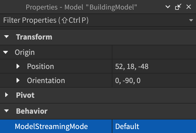 The Properties window with the ModelStreamingMode property set to Default. The property is also highlighted.