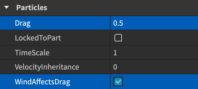 Drag and WindAffectsDrag properties shown in Properties window of Studio