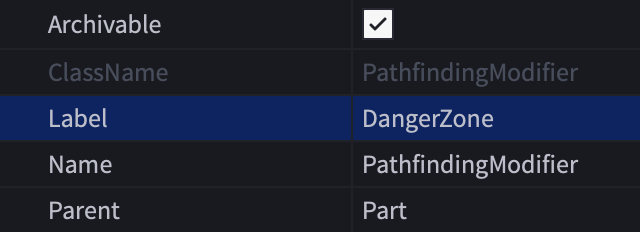 Instância PathfindingModifier com a propriedade Label definida como DangerZone.