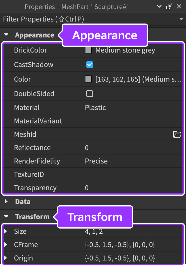 A close up view of the Properties window with the Appearance and Transform properties highlighted.