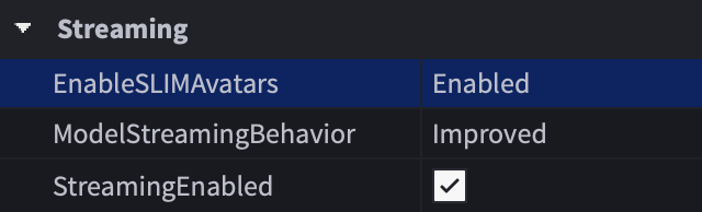 The Properties window with the EnableSLIMAvatars property set to Enabled.