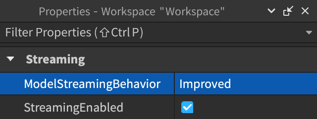 The Properties window with the ModelStreamingBehavior property set to Improved.