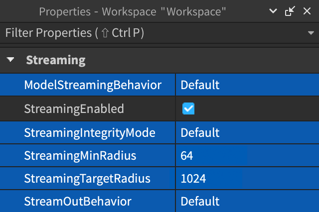 The Properties window with the ModelStreamingBehavior, StreamingIntegrityMode, StreamingMidRadius, StreamingTargetRadius, and StreamOutBehavior property highlighted.