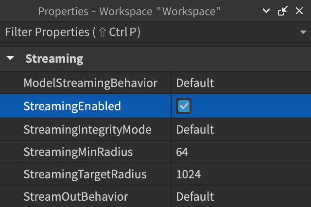 The Properties window with the StreamingEnabled property enabled.