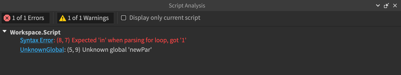 Script Analysis window with details on marked errors from script