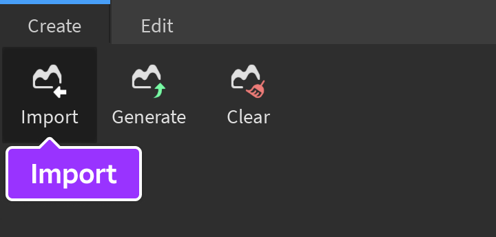 Import tool indicated in Create tab of Terrain Editor