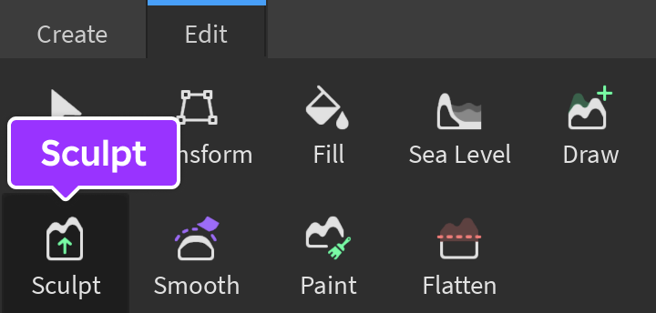 Studio's Terrain Editor window with both the Edit tab and Sculpt button highlighted.