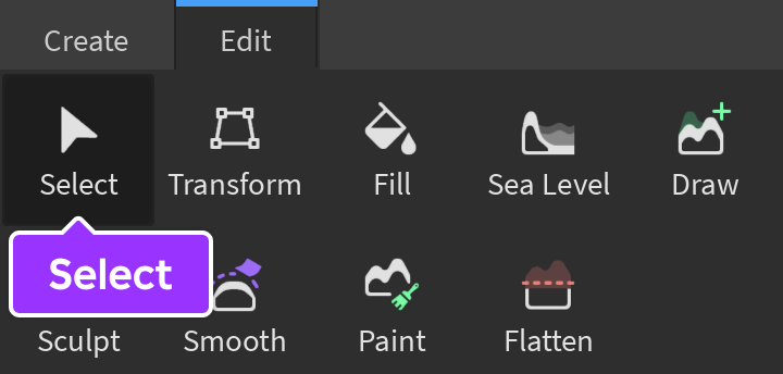 Select tool indicated in Edit tab of Terrain Editor