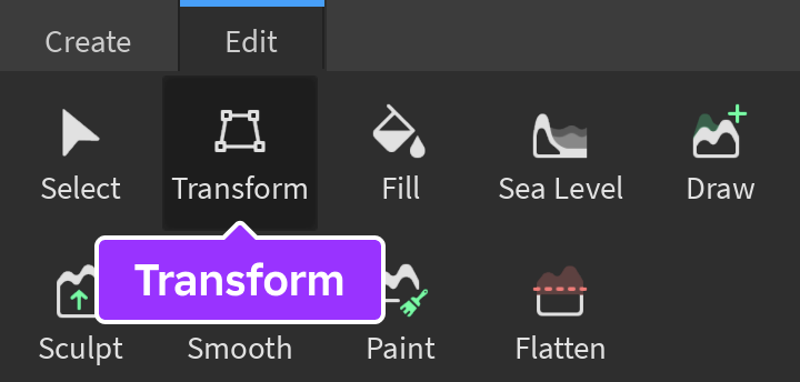 Transform tool indicated in Edit tab of Terrain Editor