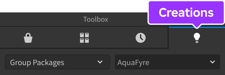 A close up view of the Toolbox with the Creations tab highlighted.