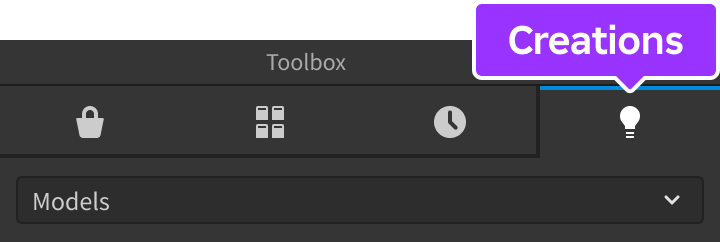 A close up view of the Toolbox with the Creations tab highlighted.