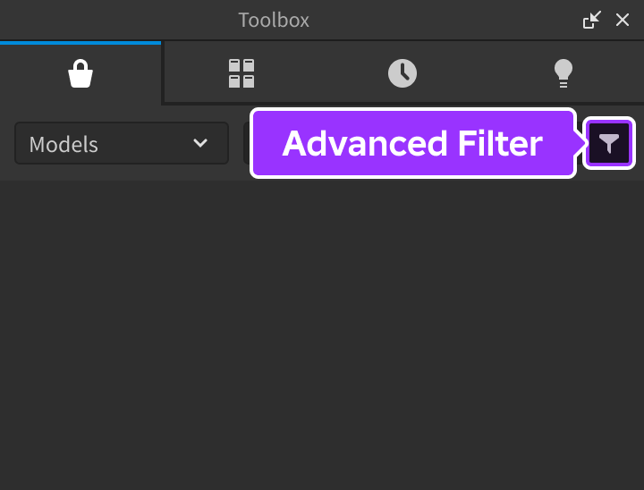 The Toolbox window with the advanced filter highlighted