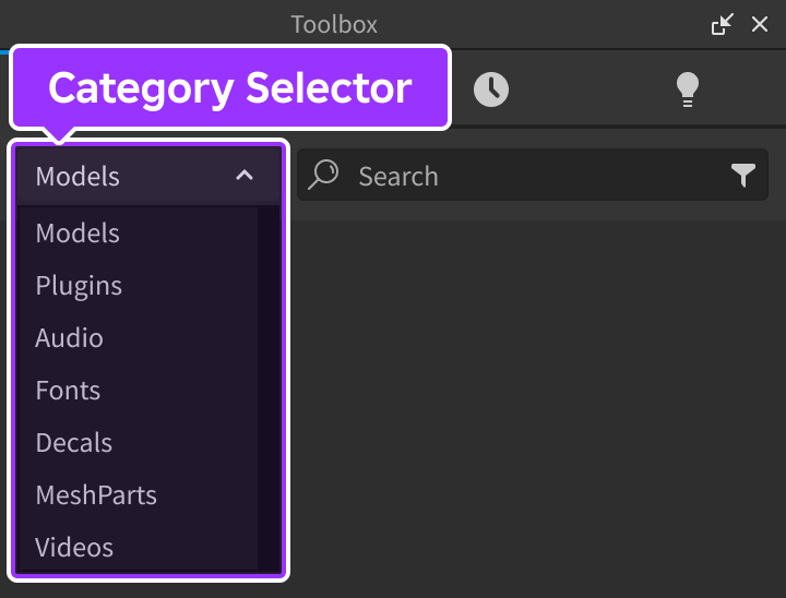 The Toolbox window with the Category Selector highlighted