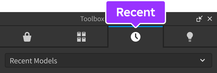 A close up view of the Toolbox with the Recent tab highlighted.