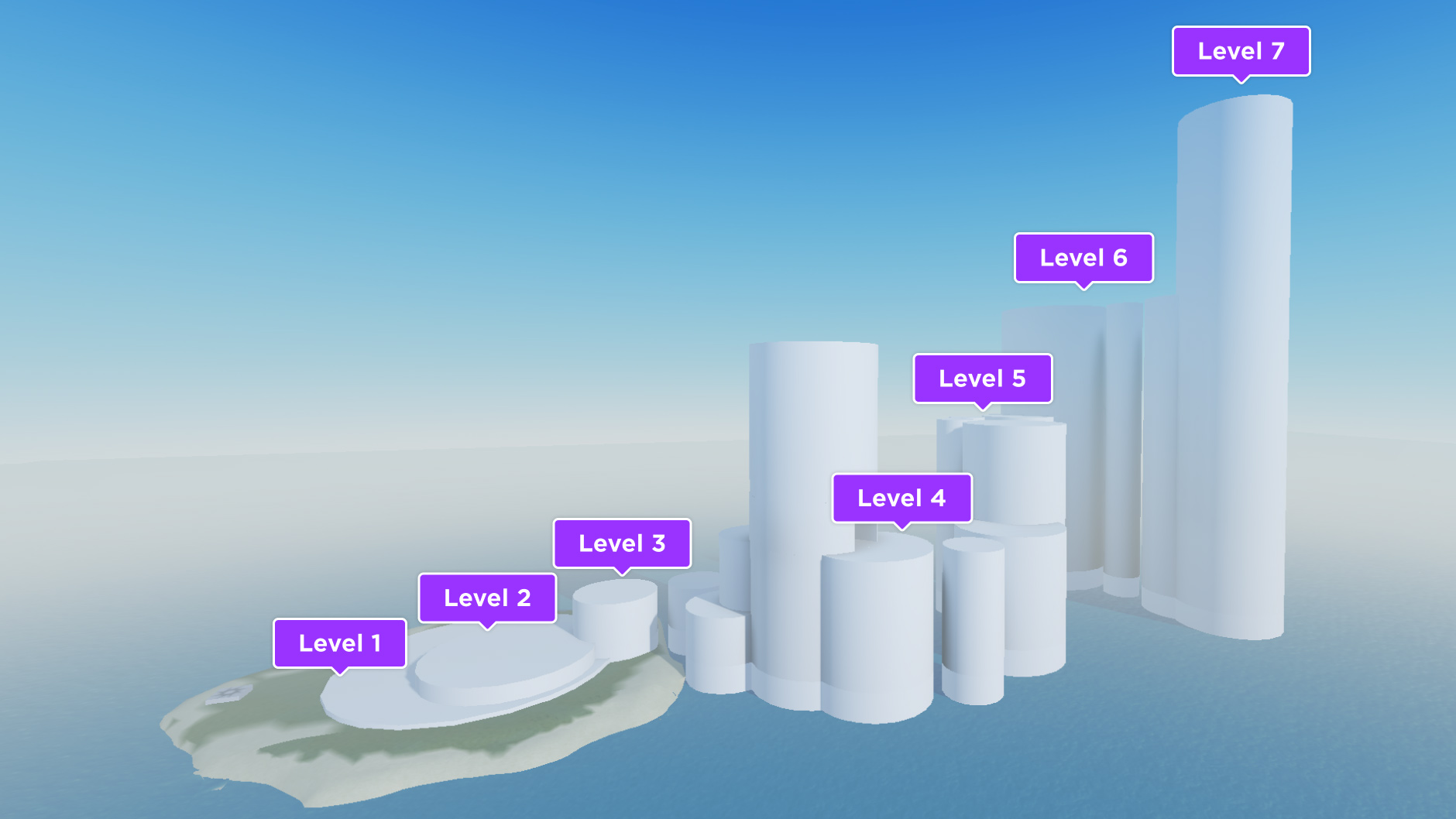 A distant view of the sample island jump experience's greybox geometry. Each level of height difference between sea stacks is highlighted.