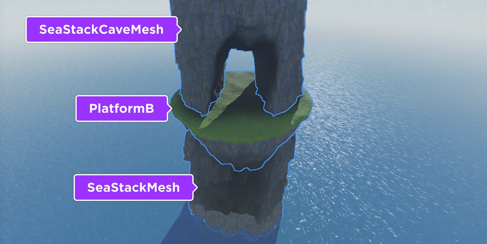 A demonstration of a SeaStackCaveMesh stacked on top of a PlatformB on top of a SeaStackMesh.