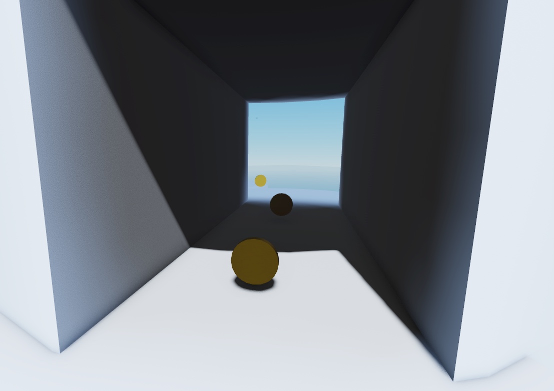 The sample Island Jump experience with default shadow visuals that produce fuzzy shadows.