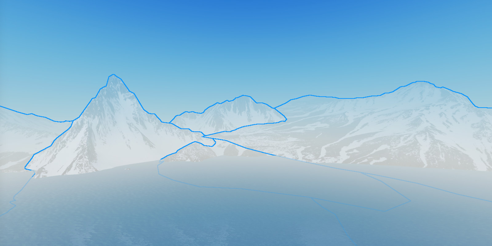 Several mountain meshes with different scales and rotation values overlap each other's edges to look like a mountain range. Each mesh has a light blue outline.