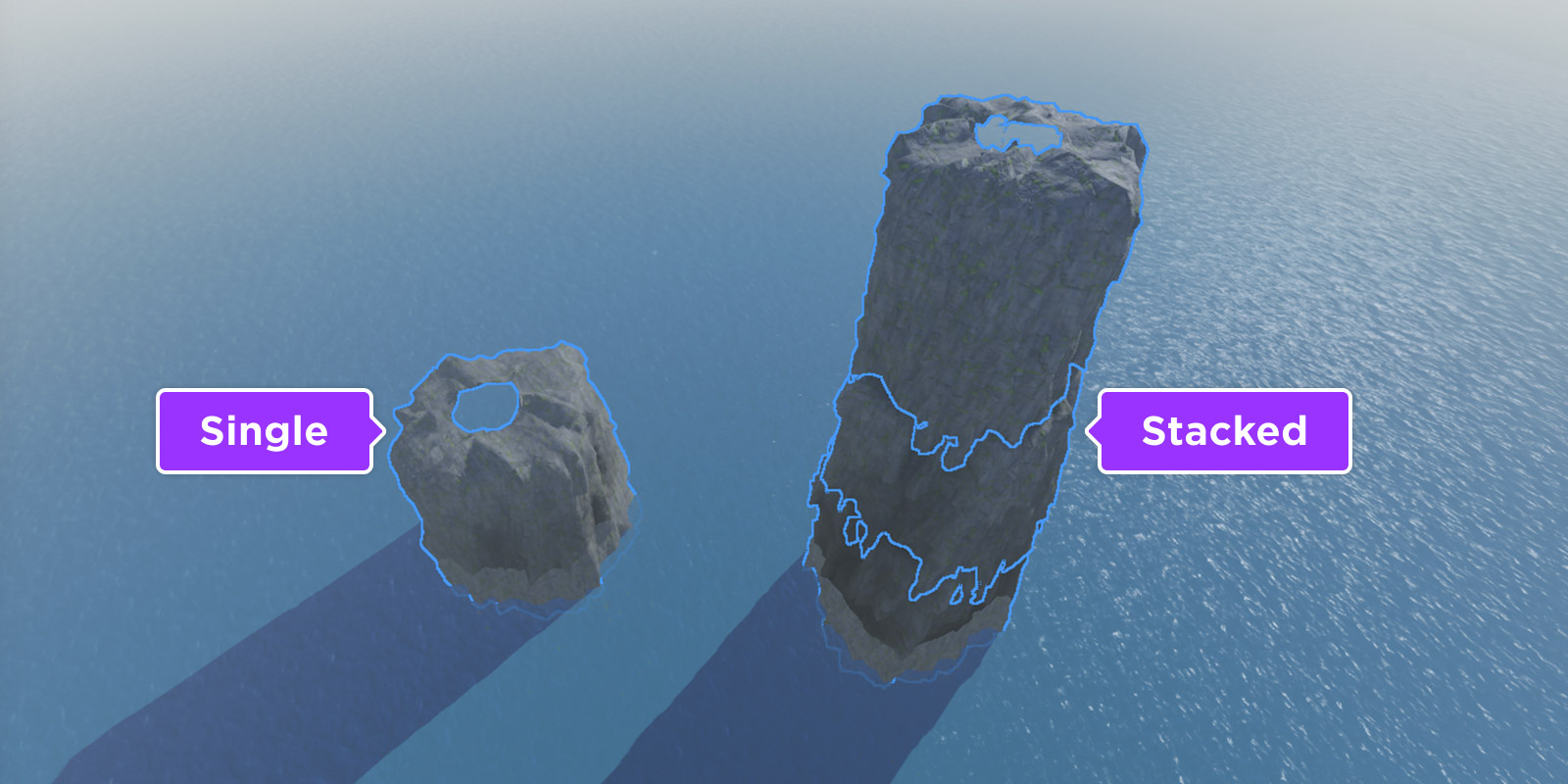 A comparison of a single sea stack next to multiple sea stacks that are stacked on top of each other.