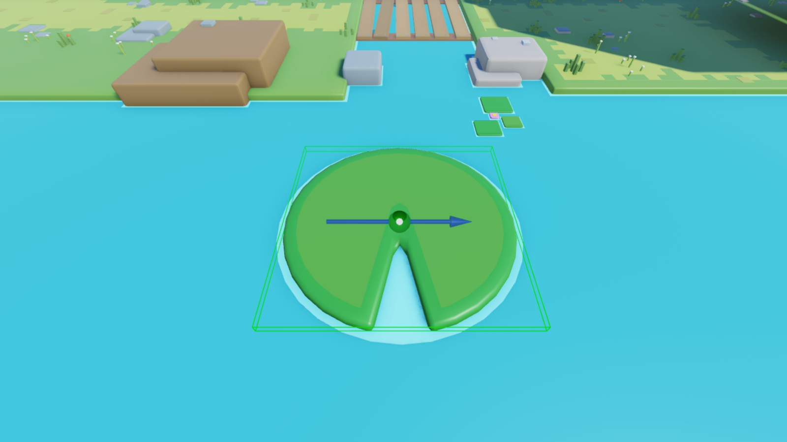 A close up view of a lily pad. The lily pad's constraint visual aid is visible, and it points to the right, which is the world's negative X axis.