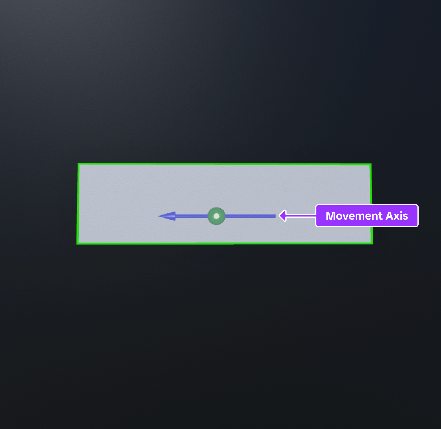 A gray block in front of a dark background. The movement axis is highlighted, and it faces toward the left of the screen to signify that the block is going to move along the world's Y axis.