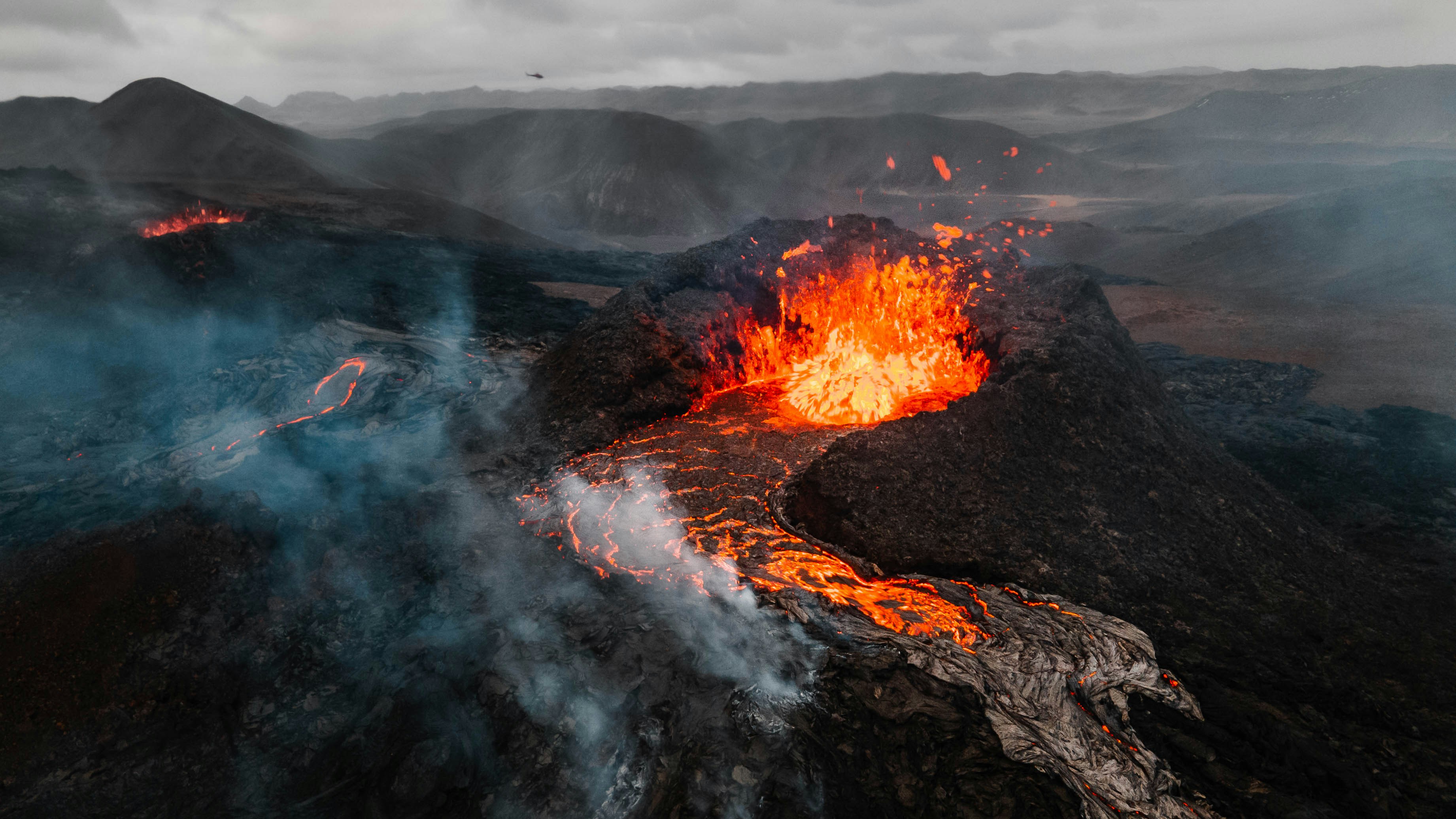 A far out view of an Iceland volcanic eruption.