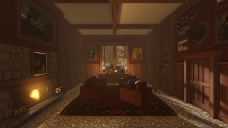 A full view of the cabin's indoor space with all light sources visible.