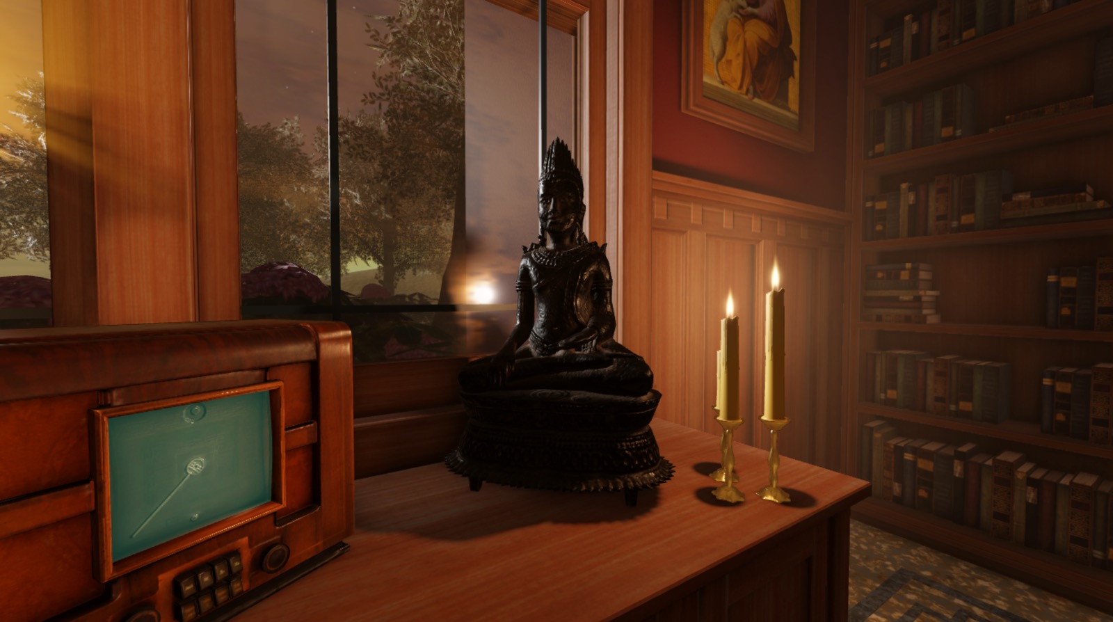 An angled view of the cabin's radio, statue, and one candle grouping with a point light.