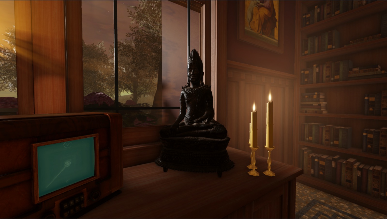 An angled view of the cabin's radio, statue, and one candle grouping without a point light.