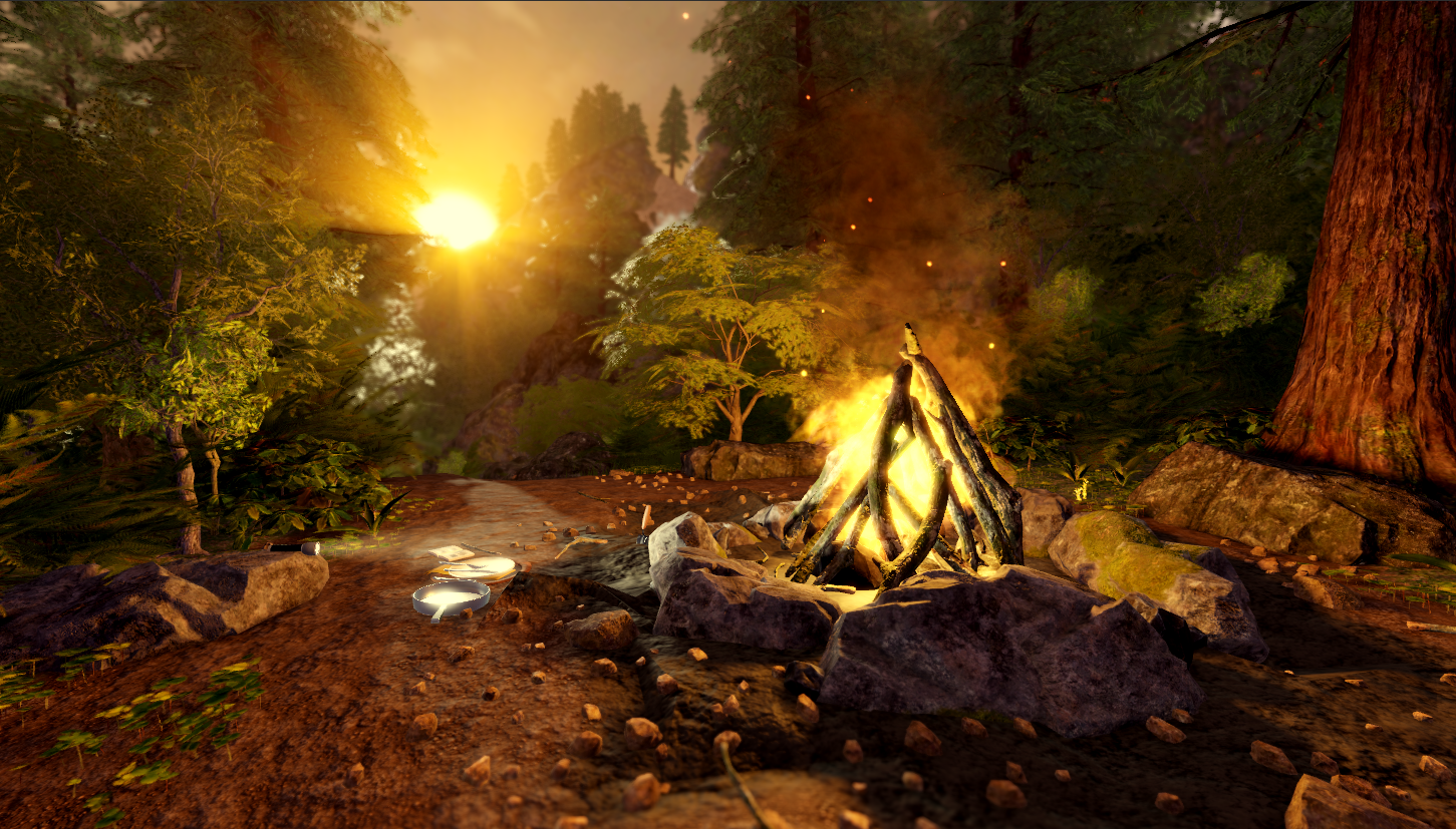 A campfire in a glade with a setting sun in the background illuminating the campsite.