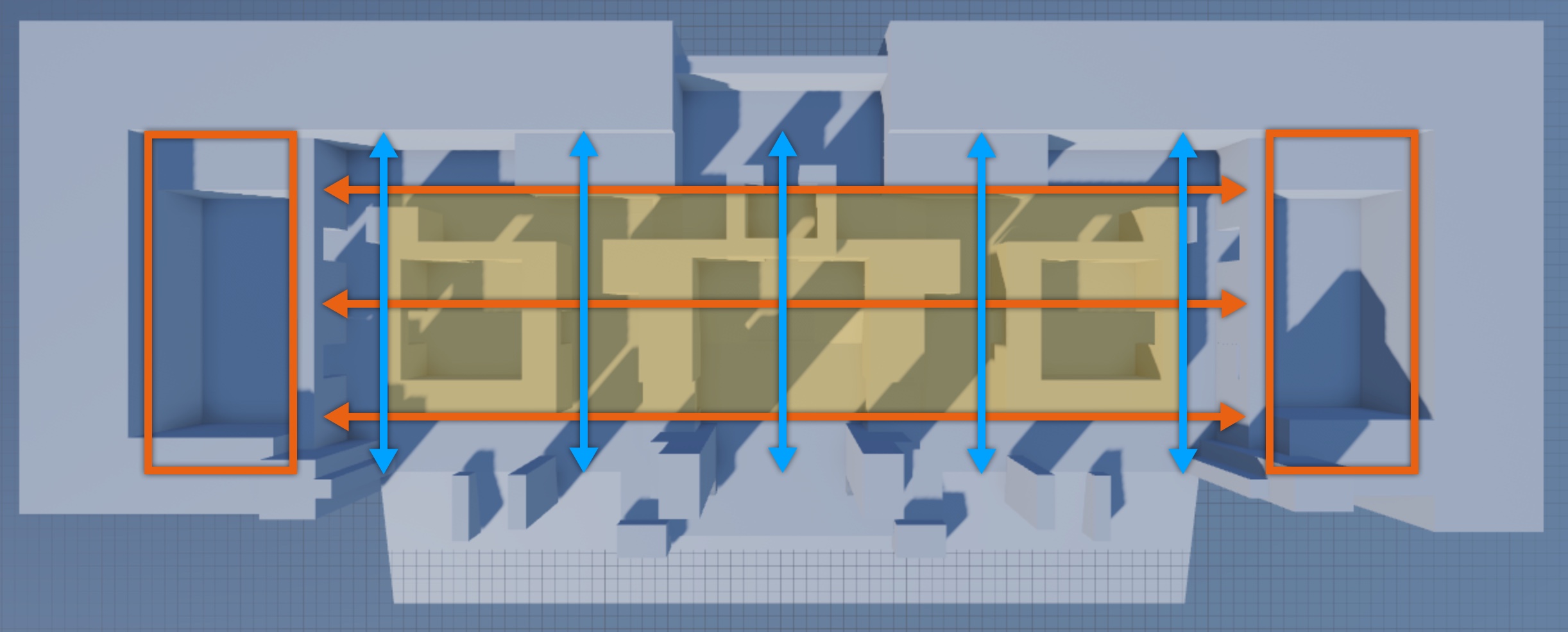 A top-down view of the final greybox geometry with three primary lanes between each team's spawn zone on opposite sides of the map, as well as five cross lanes that intersect with the primary lanes. The intersections between the primary and cross lanes are highlighted.