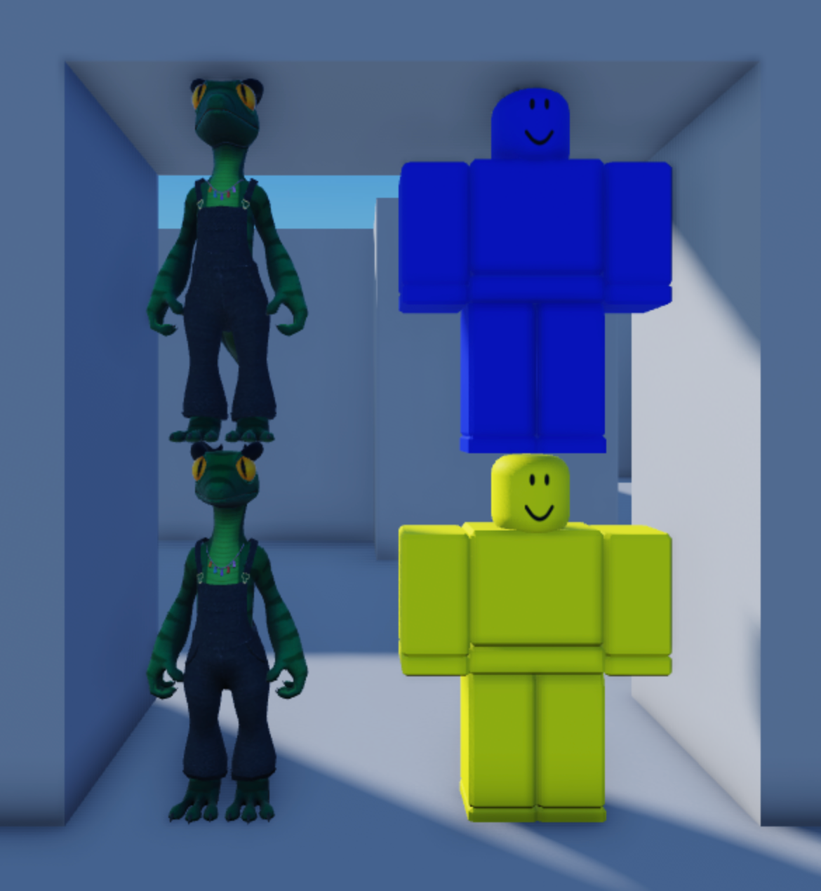 In a doorway, two lizard avatars are stacked on top of each other on the left, and two blocky avatars are stacked on top of each other on the right. This demonstrates that only two characters can pass each other in a doorway, and they cannot jump higher than the walls.