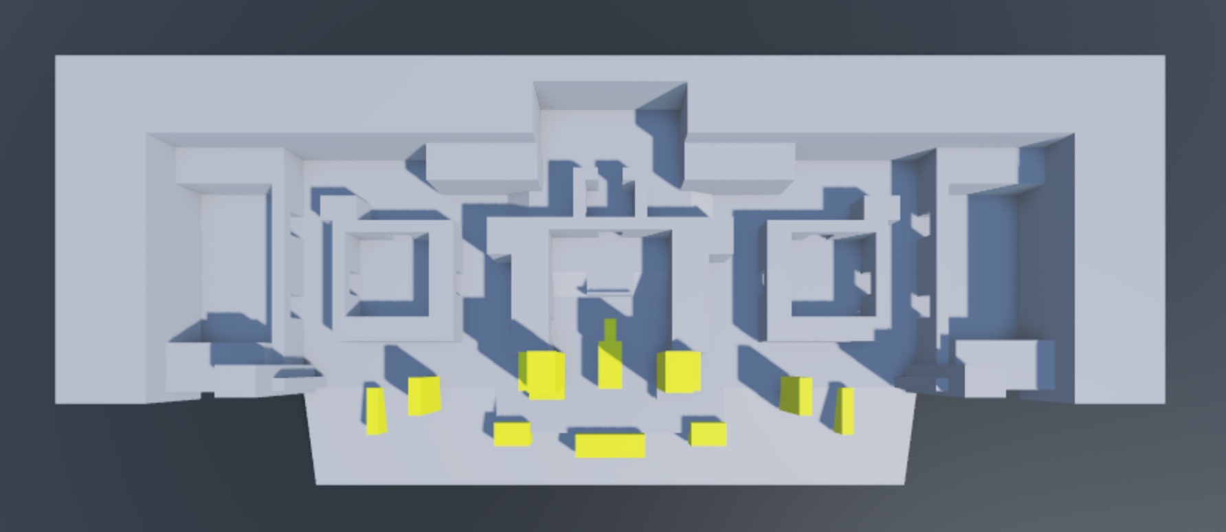 A top-down view of the final greybox environment with the exterior geometry highlighted in yellow.