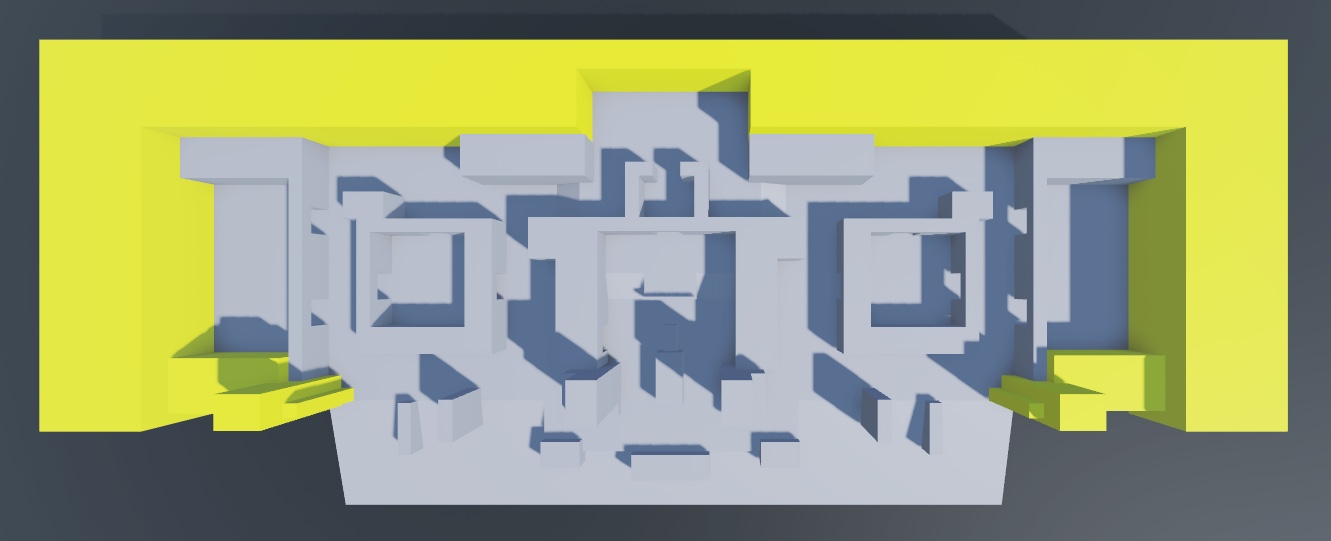 A top-down view of the final greybox environment with the perimeter wall geometry highlighted in yellow.