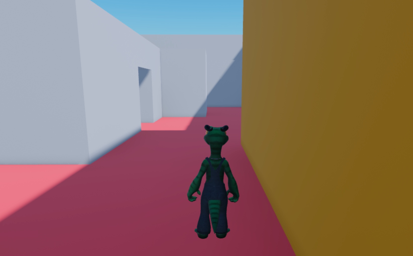 A Rthro avatar standing on a red floor with a yellow wall to their right. This color configuration informs the user that they're in the interior primary lane and moving toward the red spawn zone.