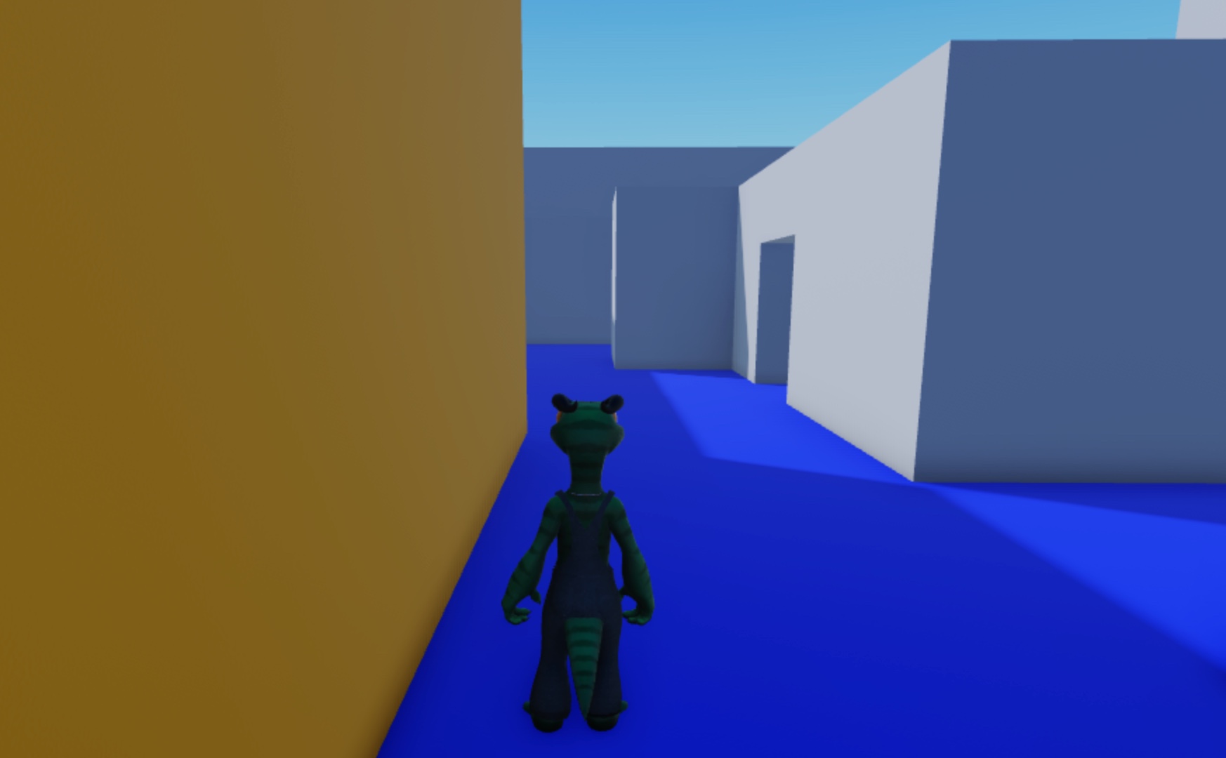 A Rthro avatar standing on a blue floor with a yellow wall to their left. This color configuration informs the user that they're in the interior primary lane and moving toward the blue spawn zone.