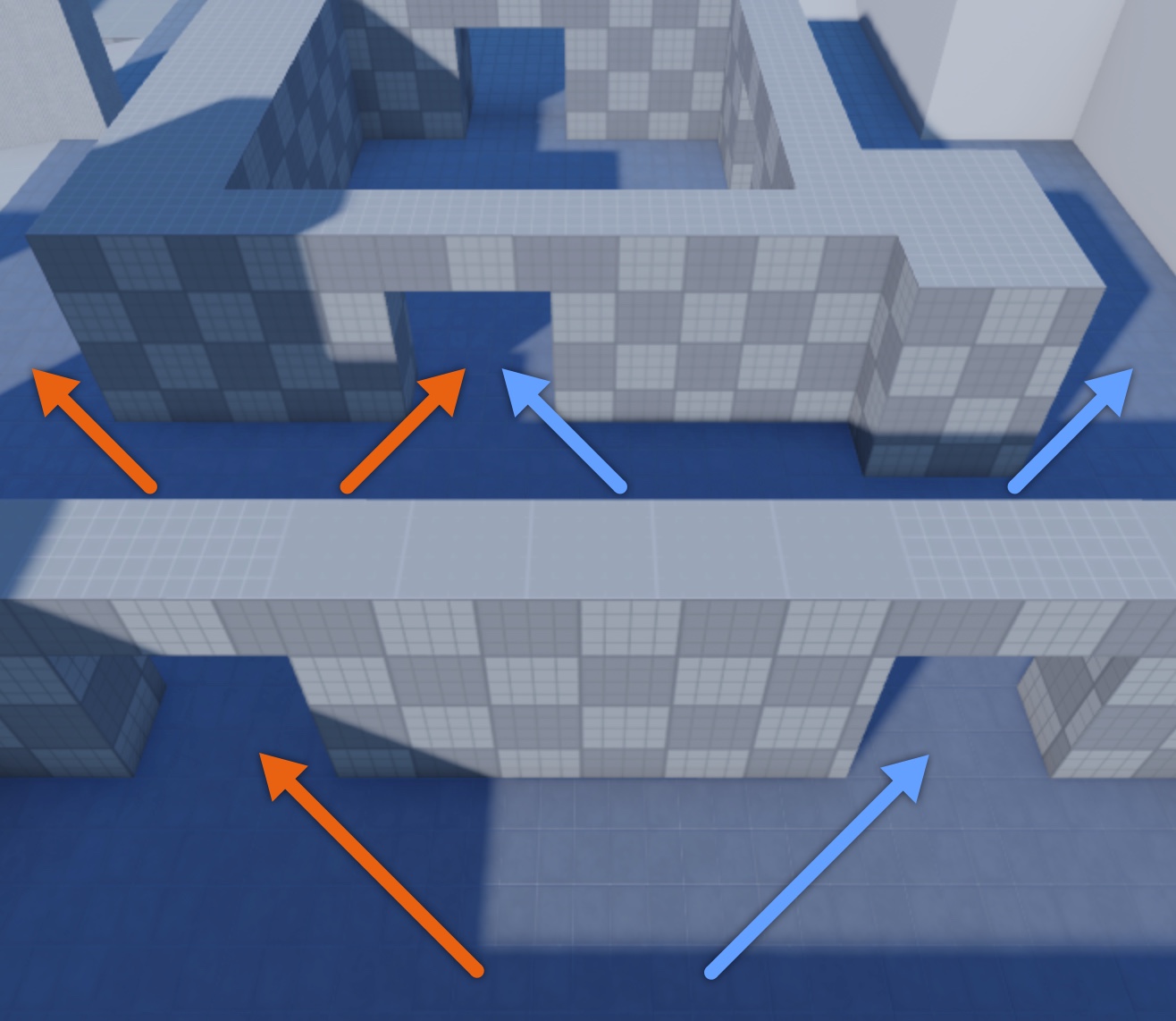 An angled top-down view of a spawn zone with arrows pointing toward the two exit points and all paths users can take away from the spawn zone.