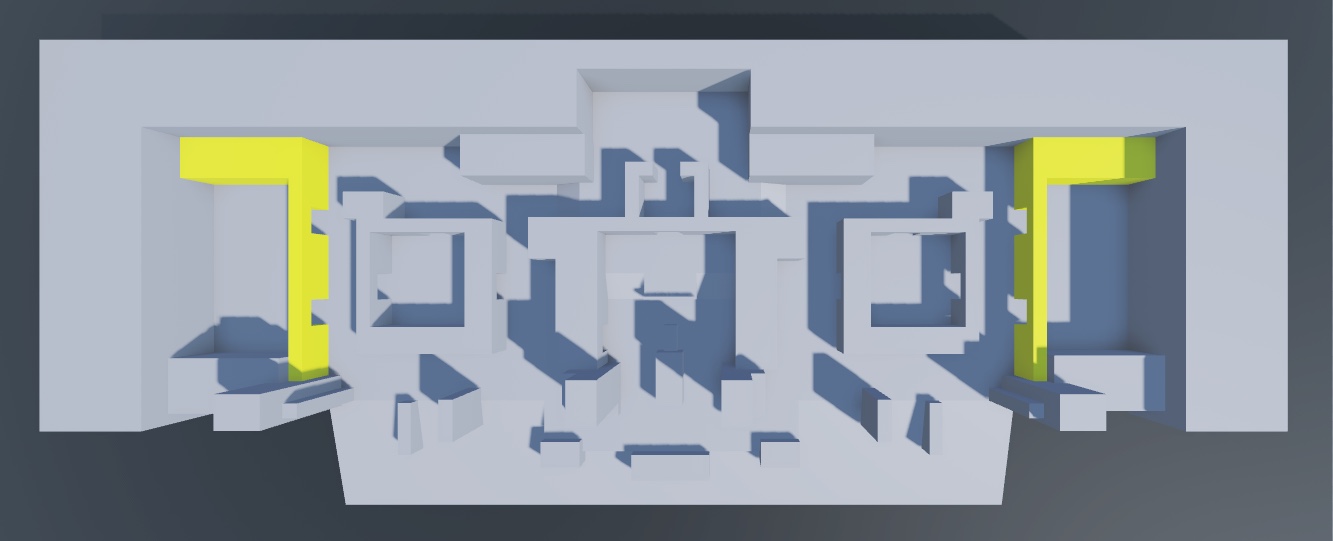 A top-down view of the final greybox environment with the spawn zone wall geometry highlighted in yellow.