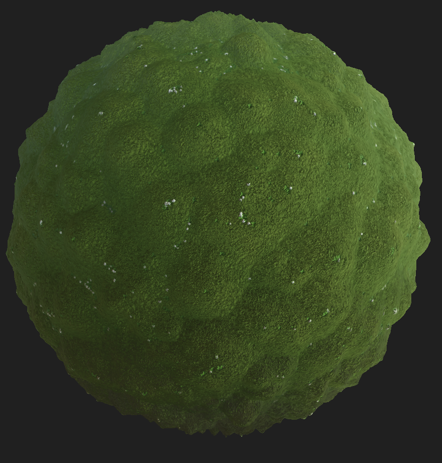 A sphere part with a tileable moss material applied.