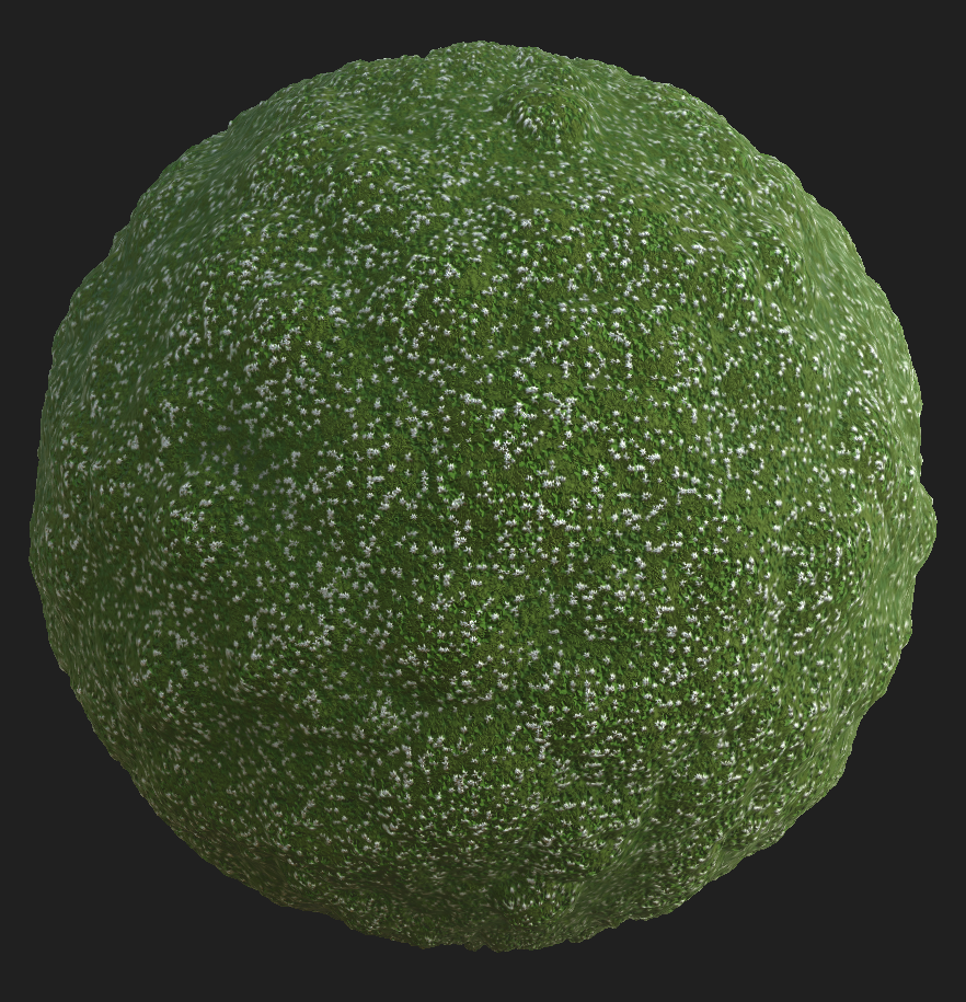 A sphere part with a tileable moss with flowers material applied.