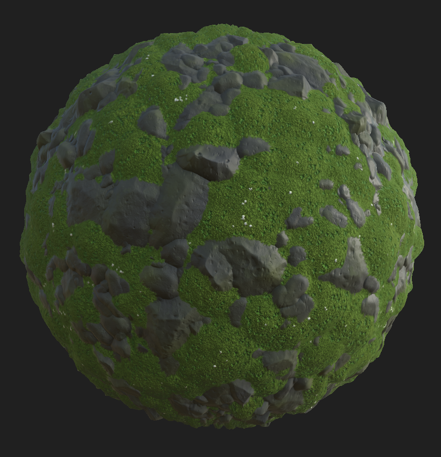 A sphere part with a tileable moss with stones material applied.