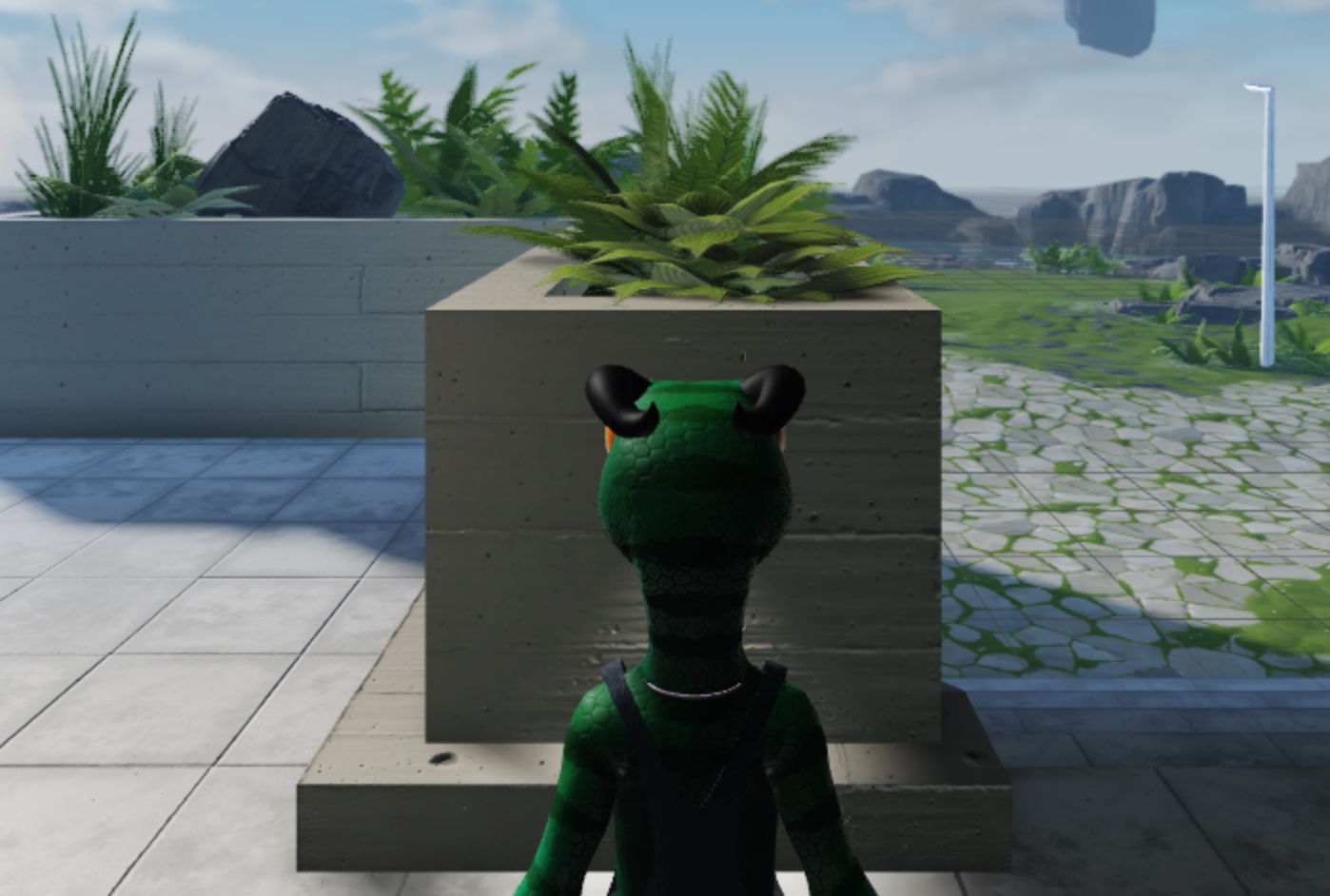 A Rthro avatar facing a planter with multiple plants with transparency between the leaves.