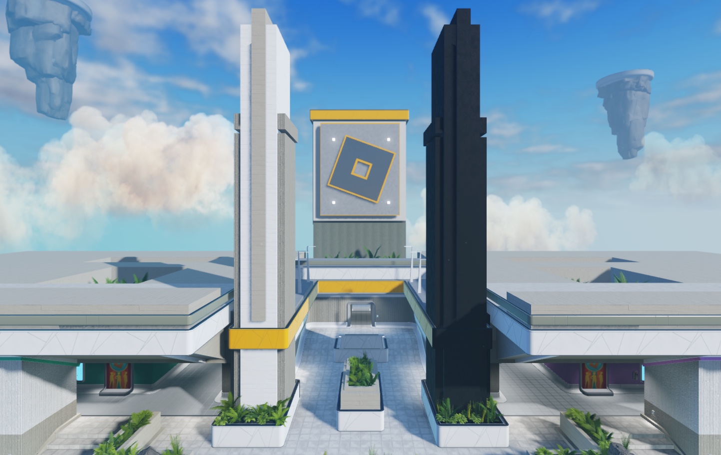 A front view of the two towers. The tower on the left includes multiple assets under a single model, while the tower on the right decreases the amount of assets by removing all texture objects.