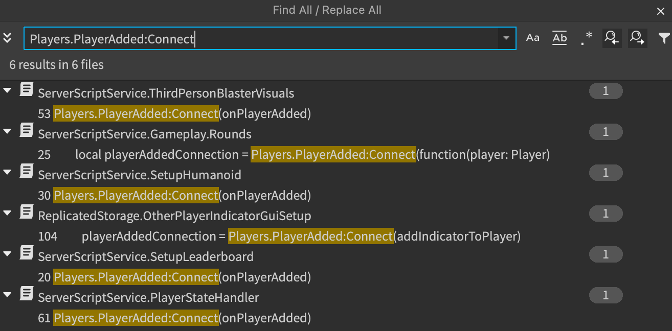 Studio's Find All window with the Players.PlayerAdded results highlighted.