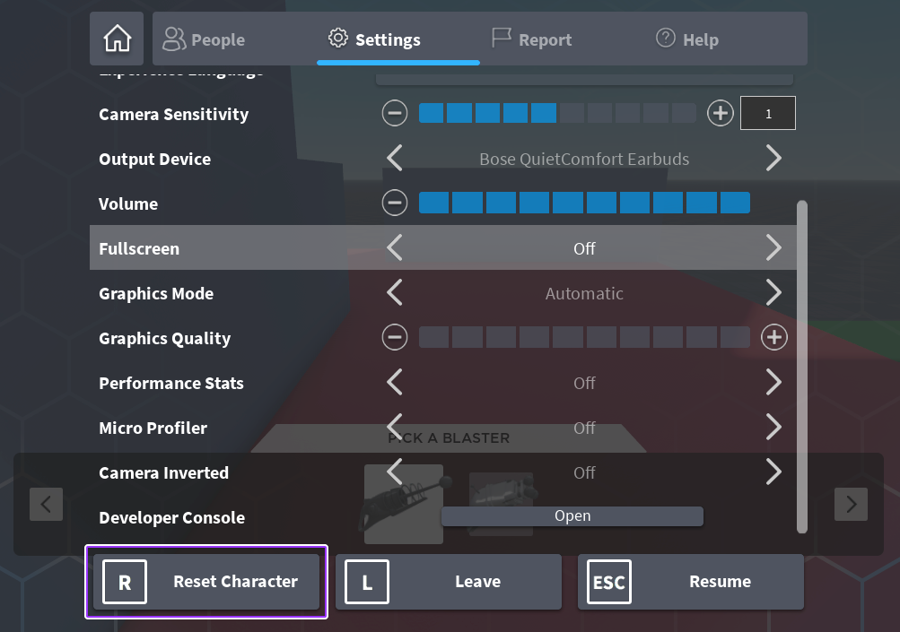 Roblox's settings menu with the Reset Character button highlighted.