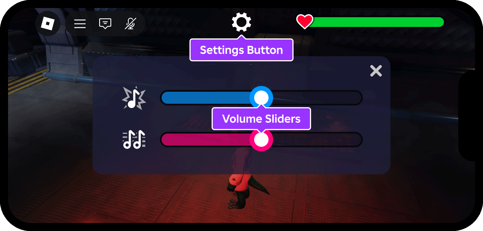 In-game view showing a settings button and settings menu with volume sliders.